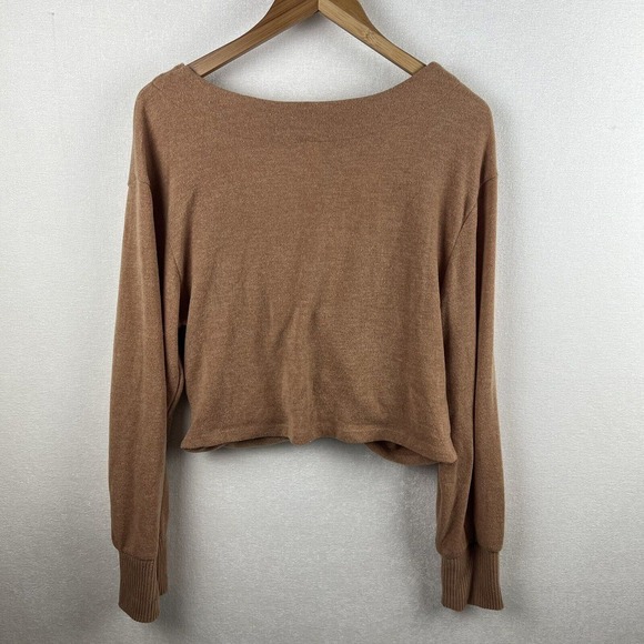 Anthropologie Womens Sweater Large Tan Neutral Long Sleeve Surplice Faux Wrap - Picture 9 of 10